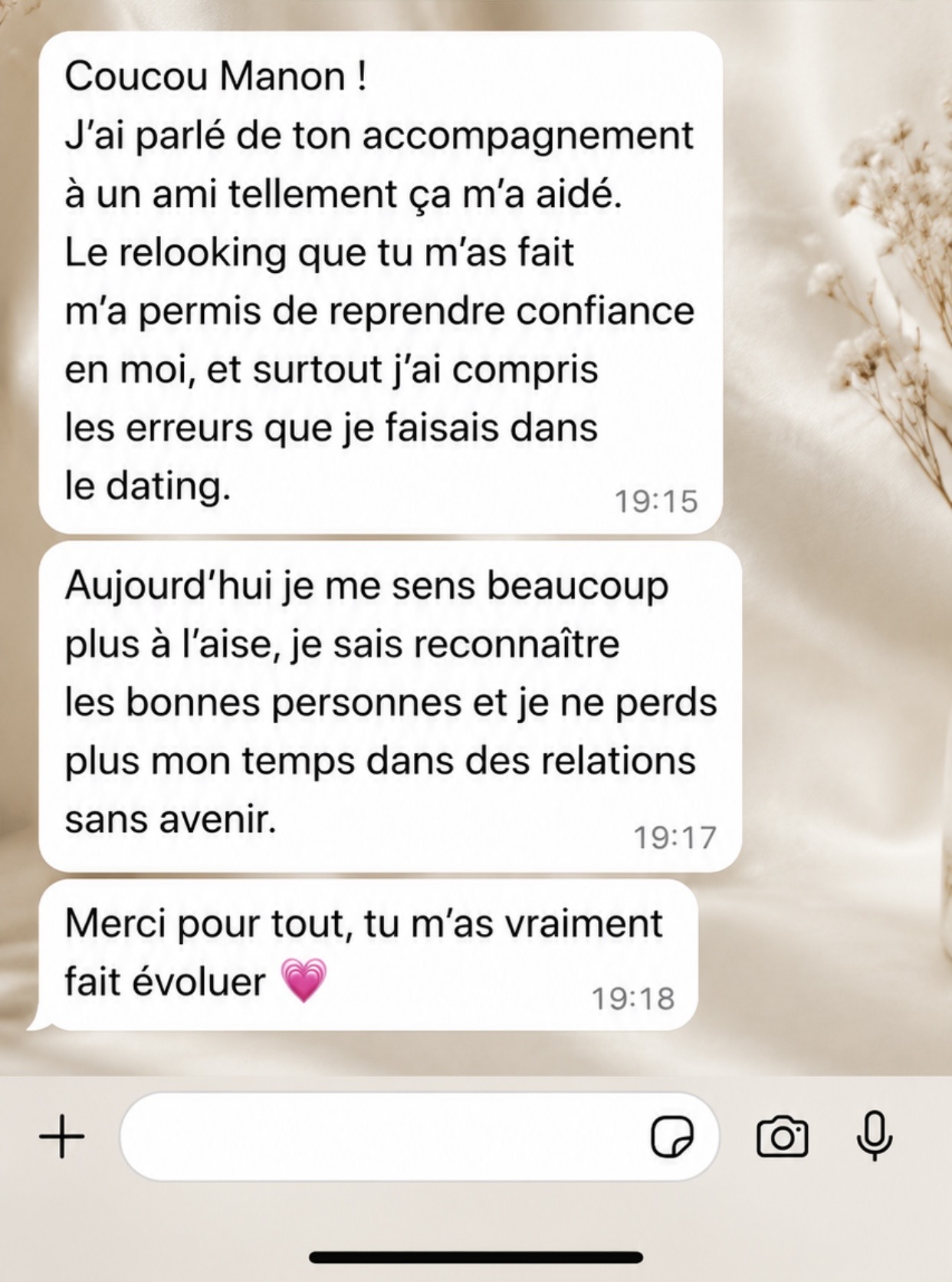 Témoignage d'une personne ayant retrouvé confiance grâce à l'accompagnement de Manon